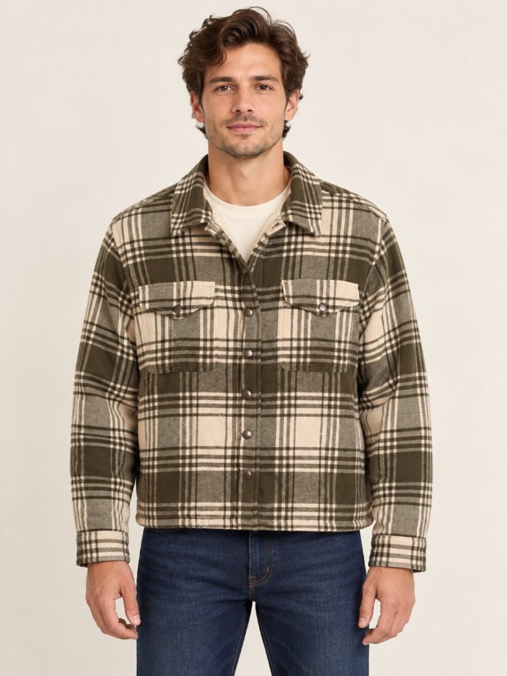 Lucky Brand Men’s M Olive Plaid Sherpa Lined Flannel Shacket